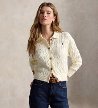 Polo Ralph Lauren para mujer. 211B30509001 Cárdigan de algodón en punto de ochos blanco roto (XL), Casual