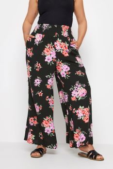 Yours Pantalones Anchos Negros De Flores Rosadas, Mujer Curvy Y Tallas Grandes, Yours