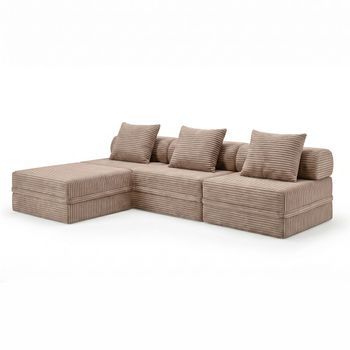 Sofá Modular 3+1+puff Convertible Terciopelo A Rayas Taupe
