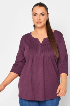 Yours Camiseta Algodón Ciruela Con Jaretas Y Cuello Panadero, Mujer Curvy Y Tallas Grandes, Yours