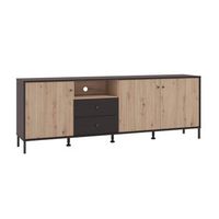 mueble tv tania con 4 cuerpos en tablero de melamina con frentes alistonados en ebano y roble artisan 74 x 208 x 40 cm