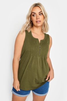 Yours Camiseta Verde Oliva Sin Mangas De Algodón Con Jaretas, Mujer Curvy Y Tallas Grandes, Yours