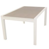mesa de exterior extensible 160 a 210 cm estructura de aluminio color blanco cristal mate grueso y templado color taupe mesa de comedor de jardin mobiliario de patio mesa para terraza