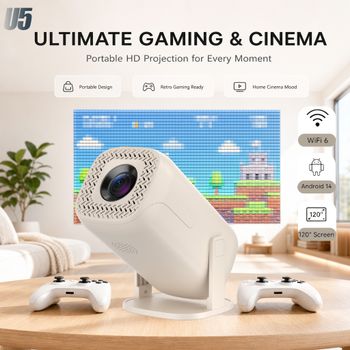 Proyector de Videojuegos Dreress U5 con Android 14, WiFi 6, BT 5.2, Decodificación 8K, Más de 3600 Juegos Integrados, Control Remoto Inalámbrico con Bluetooth y Voz