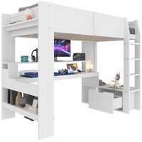 cama alta para juegos de 90 x 200 cm con escritorio led color blanco