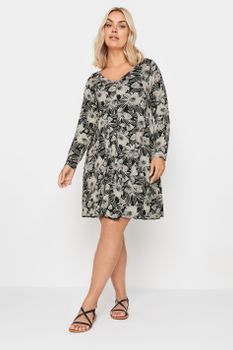 Yours Vestido Corto Negro De Flores Grises, Mujer Curvy Y Tallas Grandes, Yours