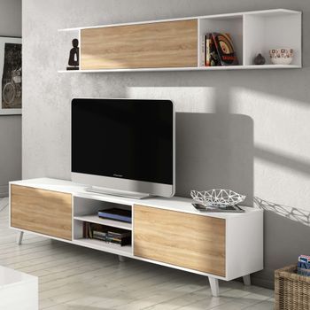 Mueble De Salón Comedor Estilo Nórdico Modular Blanco Brillo Y Roble 180x54x41cm