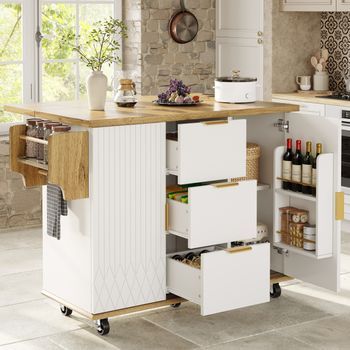 Carrito De Cocina - Mueble De Cocina - Mdf Y Metal - Blanco Y Madera (134x46x88cm)