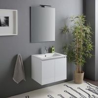 mueble de bano suspendido de 60cm blanco brillante con lavabo de ceramica y espejo  benaco  mueble ya ensamblado