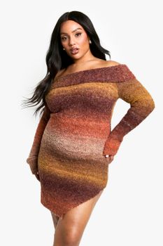 Vestido Plus Mini De Punto Suave En Degradado Con Escote Bardot, Naranja