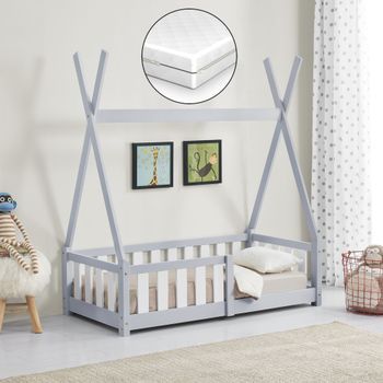[en.casa]® Cama Para Niños - De Pino - Con Colchón De Espuma Fría - Con Reja Seguridad - 140x70cm - Cama Infantil - Tipi Carpa Indio - Gris Claro Lacado Mate - Certificado Oeko-tex 100