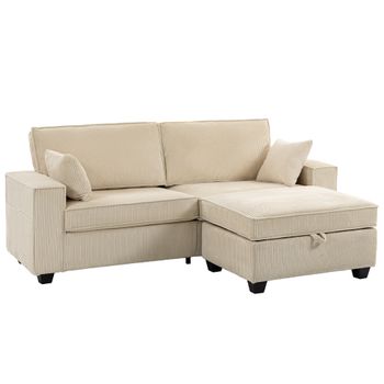 HOMCOM Sofá esquinero con otomana de almacenamiento, pana, sofá 3 plazas en L con acolchado de muelles, amplia superficie de asiento, Beige