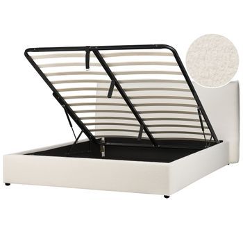 Cama Con Almacenaje De Buclé Blanco Crema 180 X 200 Cm Otomana Cabecero Lavaur