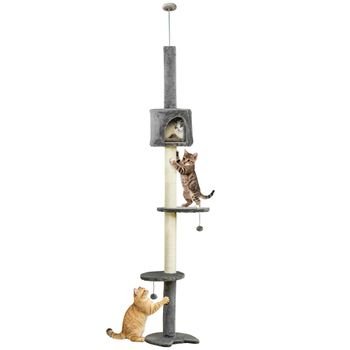 PawHut Árbol Rascador Techo para Gatos Altura Ajustable 220-280 cm Plataformas Cueva Postes de Sisal Bolas Colgantes Gris   Aosom España