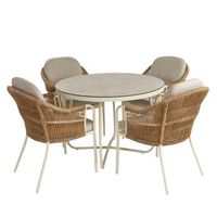 conjunto de mesa redonde y sillas de exterior aluminio y ratan sintetico redondo color blanco envejecido 110x735