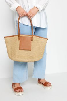 Cesto De Paja Con Bolsillo Camel Contraste