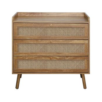 Cómoda de 3 cajones con frentes de ratán natural l80 cm