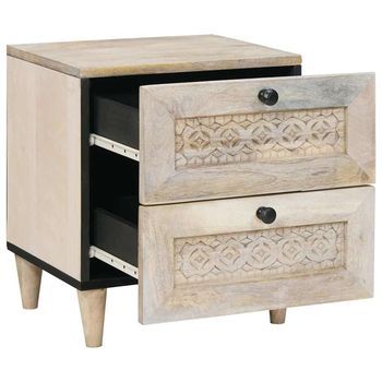 Mesita De Noche Mesilla De Noche - Beige 40 X 33 X 46 Cm Madera Maciza De Mango Mc7272