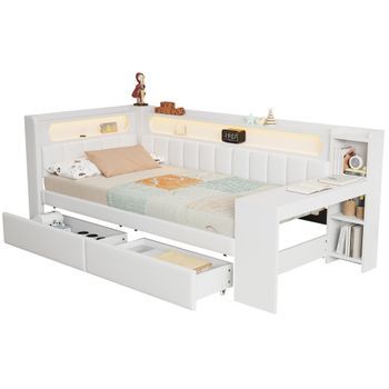 Sofá Cama Tapizado, 90x200cm, Con Escritorio Led Usb Y 2 Cajones, Blanco.