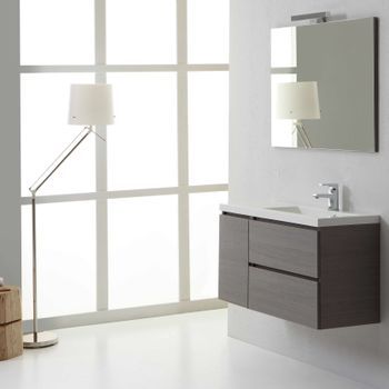 Mueble De Baño Suspendido Gris De 90 Cm Con 1 Puerta Y 2 Cajones, Lavabo A La Derecha, Espejo 90x70 | Manhattan