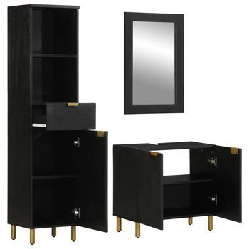 Juego De 3 Uds Muebles De Baño | Armario De Baño Madera Contrachapada Negro