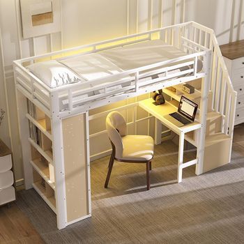 Cama Mezzanine 90 X 200 Cm Con Escritorio, Almacenamiento, Tira Led Y Escalera, Estructura Hierro, Blanco