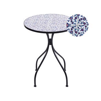 Mesa De Balcón Exterior Metal Estilo Vintage Estructura Hierro Negro Tablero De Mosaico Azul Camprena