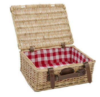 Maleta de mimbre natural con tela roja y blanca 39 x 29 x 15 cm