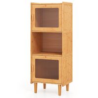 costway gabinete de bambu estanteria de cocina con 3 cubos y compartmento abierto 2 puertas acrilicas librero independiente mueble lateral natural