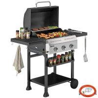barbacoa de gas welltin 3 quemadores con termometro y mesas plegables negro