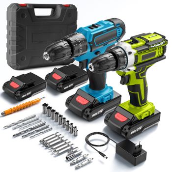 Taladro Atornillador a Batería con 2 Baterías de 21V, 25+3 Ajustes de Torque, 2 Velocidades, Luz LED, para Hogar y Jardín, Bricolaje