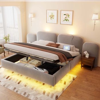 Cama Tapizada De 180x200 Cm Con Canapé Hidráulico, Cabecero Acolchado Y Luces Led