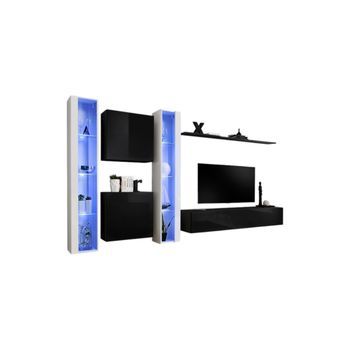 Conjunto De Muebles De Salón Mural Switch Xvi Diseño, Color Negro Y Blanco Brillante.