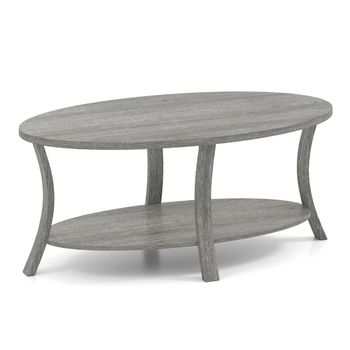 Costway Mesa de Centro Ovalada Mesa de Té de 2 Niveles con Estante de Almacenamiento Mesa de Té de Goma Mesa de Sala de Estar Rústica Gris