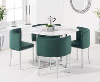 algarve white marble stowaway dining table with green velvet high back stools - green 4 chairs