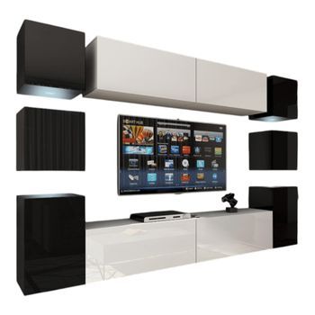 Conjunto De Muebles De Sala Colgantes En Negro Y Blanco Colección Cepto Xiv. 256cm, 10 Muebles, 10 Puertas, Leds.