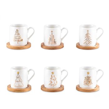 Tazas de café de árbol con platos de madera - set de 6