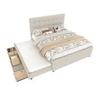 cama tapizada beige de 140x200 cm con cama nido y tres cajones
