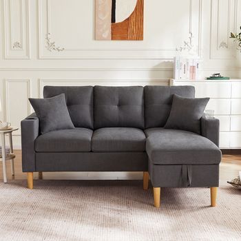 Sofá Moderno En L, Sofá De 3 Plazas Con Chaise Longue, Espacio De Almacenamiento, Portavasos Integrado, Se Entrega Con 2 Cojines, Apto Para El Salón, La Oficina, El Apartamento, Etc., Vídeo Disponible