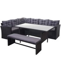 juego completo de muebles de jardin terraza balcon veranda en polirratan negro cojin gris oscuro con banco 040003045