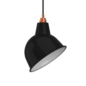 Lámpara de techo con cable textil y pantalla negra y detalles en cobre