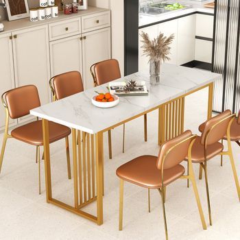 Mesa De Comedor Moderna Rectangular De Mármol Sintético Para 6-8 Personas Oro Y Blanco 160 Cm Cfw31152