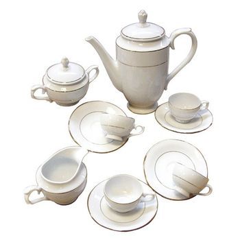 Juego De Café De Porcelana Blanca (27 Piezas) Bremen, 12 Tazas De Café (15 Cl), 12 Platillos Para Tazas, 1 Cafetera, 1 Lechera, 1 Azucarero, Filo De Oro