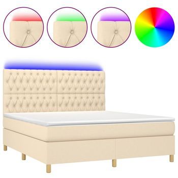 Cama Box Spring Colchón Y Luces Led Tela Crema 160x200 Cm Vidaxl