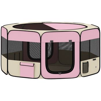 PawHut Parque Plegable para Perros y Gatos Corralito Portátil para Animales Pequeños Impermeable de Tela Oxford Ø90x41 cm Rosa
