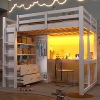 cama alta 140x200 cm blanca con escritorio integrado almacenamiento led y usb