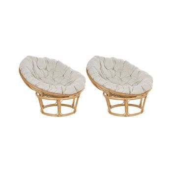 Conjunto De 2 Sillones Boho Ratán Beige Claro Cojines Tela Algodón Resistencia Media Interior Natural Salvo