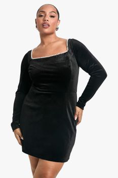 Vestido Plus Skater Con Escote Cuadrado Y Estampado De Perlas, Negro