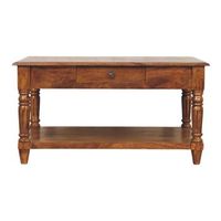 mesa de centro de madera maciza estilo artesanal con patas torneadas y 2 cajones color castano