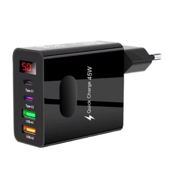 ADC-F004 45W Cargador USB PD de 4 puertos 2USB-A + 2Tipo-C PD QC3.0 Carga rápida Adaptador de pared con pantalla digital